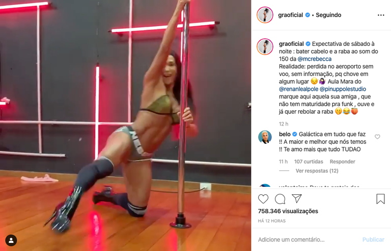 Gracyanne Barbosa rebola muito em aula de pole dance