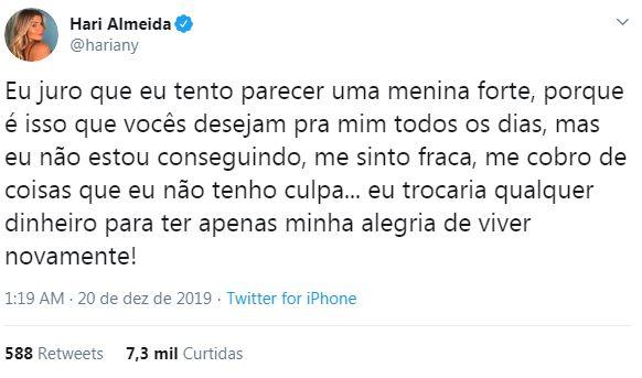 Hariany Almeida desabafa no Twitter