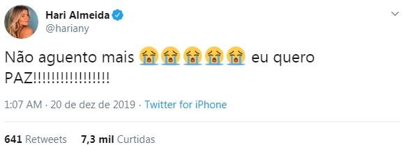 Hariany Almeida desabafa no Twitter