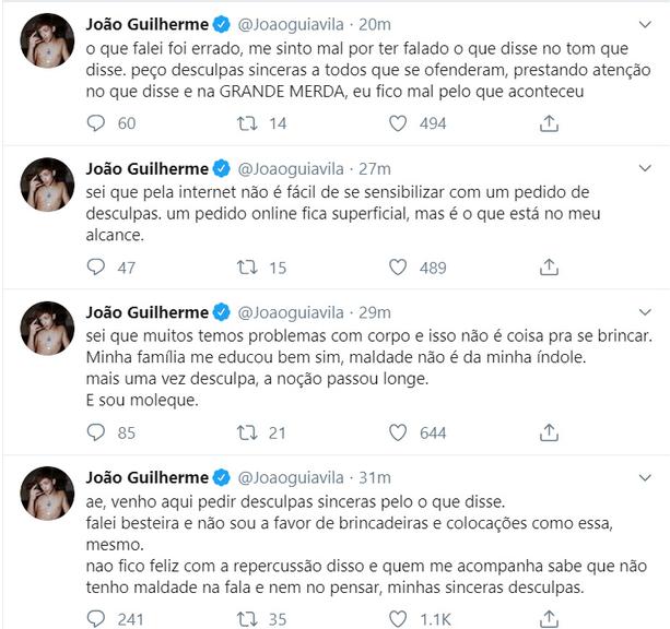 João Guilherme é acusado de gordofobia e pede desculpas publicamente