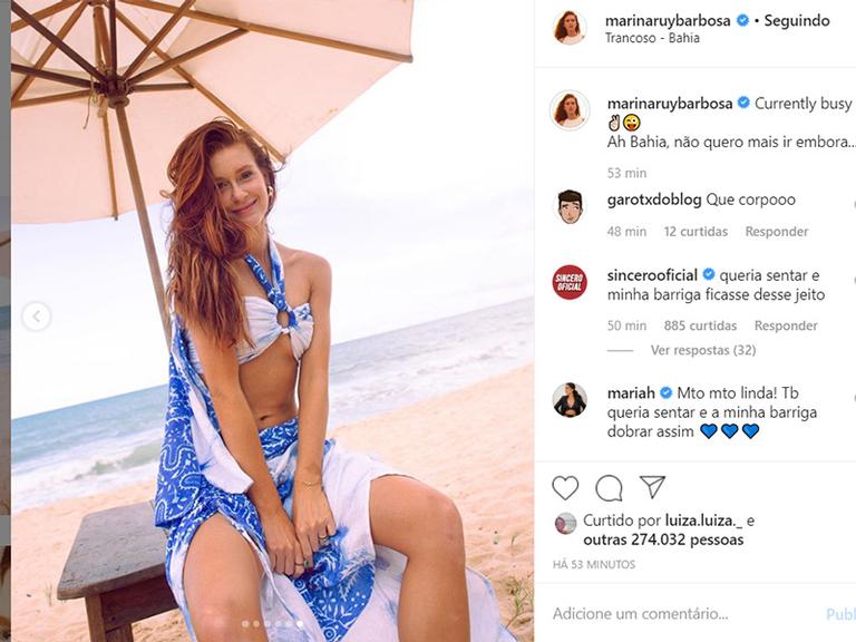 Marina Ruy Barbosa surge chiquérrima e cinturinha fina rouba a cena na praia