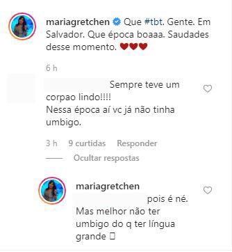 Gretchen rebate fã de notou falta de umbigo em foto