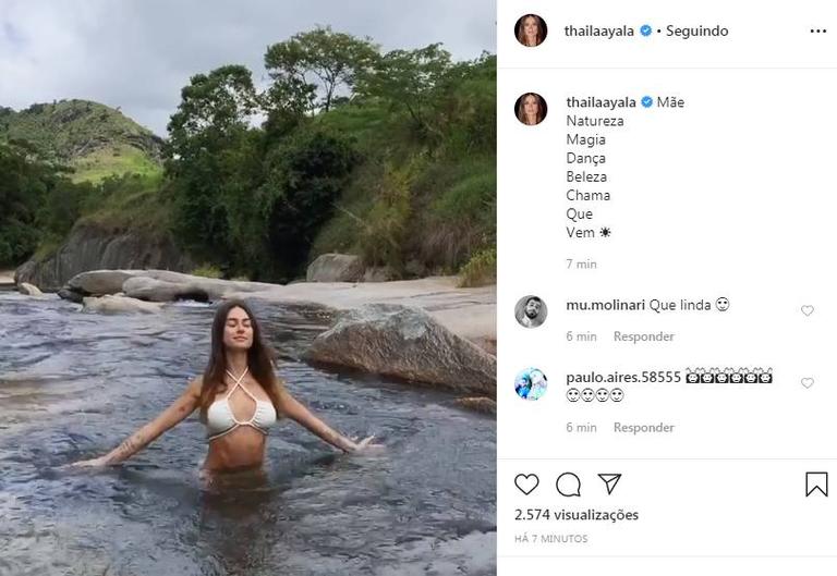 Em dia de calorão, Thaila Ayala dança dentro de rio e recebe elogios