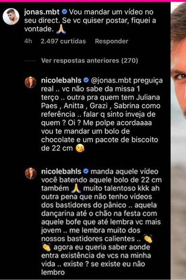 Nicole Bahls bate boca com Jonas nas redes sociais