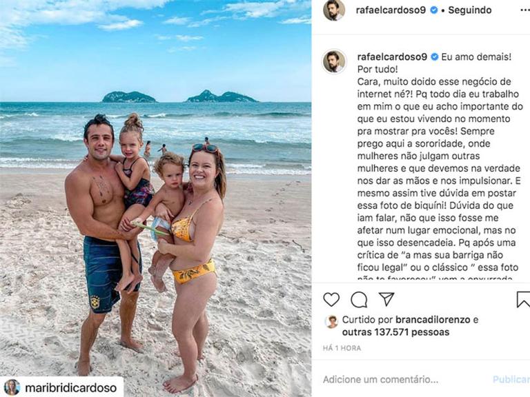 Rafael Cardoso apoia a esposa, Mari Bridi, após ela postar foto de biquíni