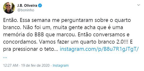 Boninho anuncia o retorno do quarto branco no BBB20