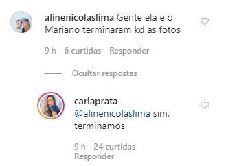 Carla Prata anuncia término de relacionamento com Mariano