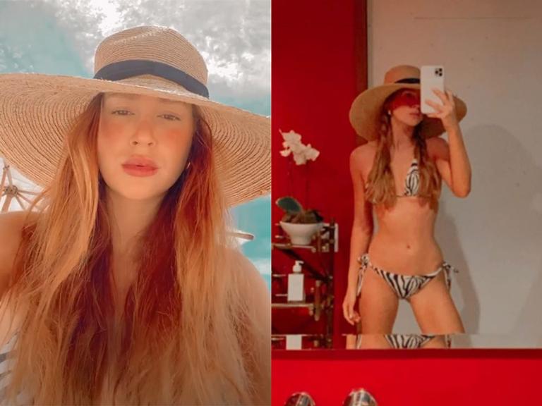 Marina Ruy Barbosa exibe cinturinha fina ao surgir de biquíni