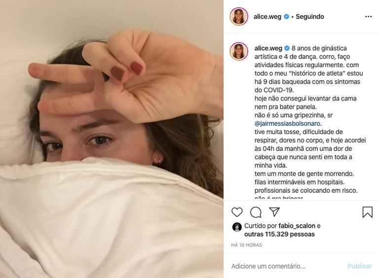 Alice Wegmann sofre com sintomas do novo coronavírus