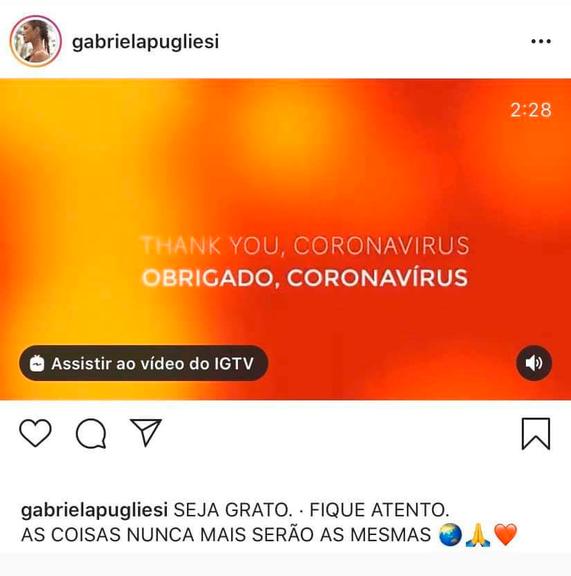 Gabriela Pugliesi agradece ao coronavírus