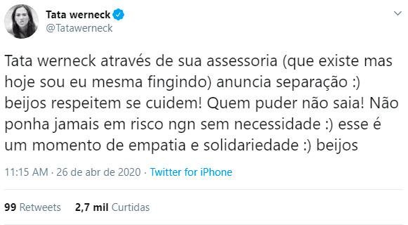 Tatá Werneck anuncia separação