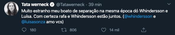 Tatá Werneck comenta término de Whindersson Nunes e Luísa Sonza