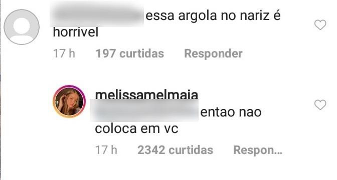 Melissa Mel Maia dispara contra seguidor que a criticou