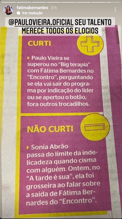 Fátima Bernardes ignorou a crítica feita por Sonia Abrão no 'A Tarde é Sua'