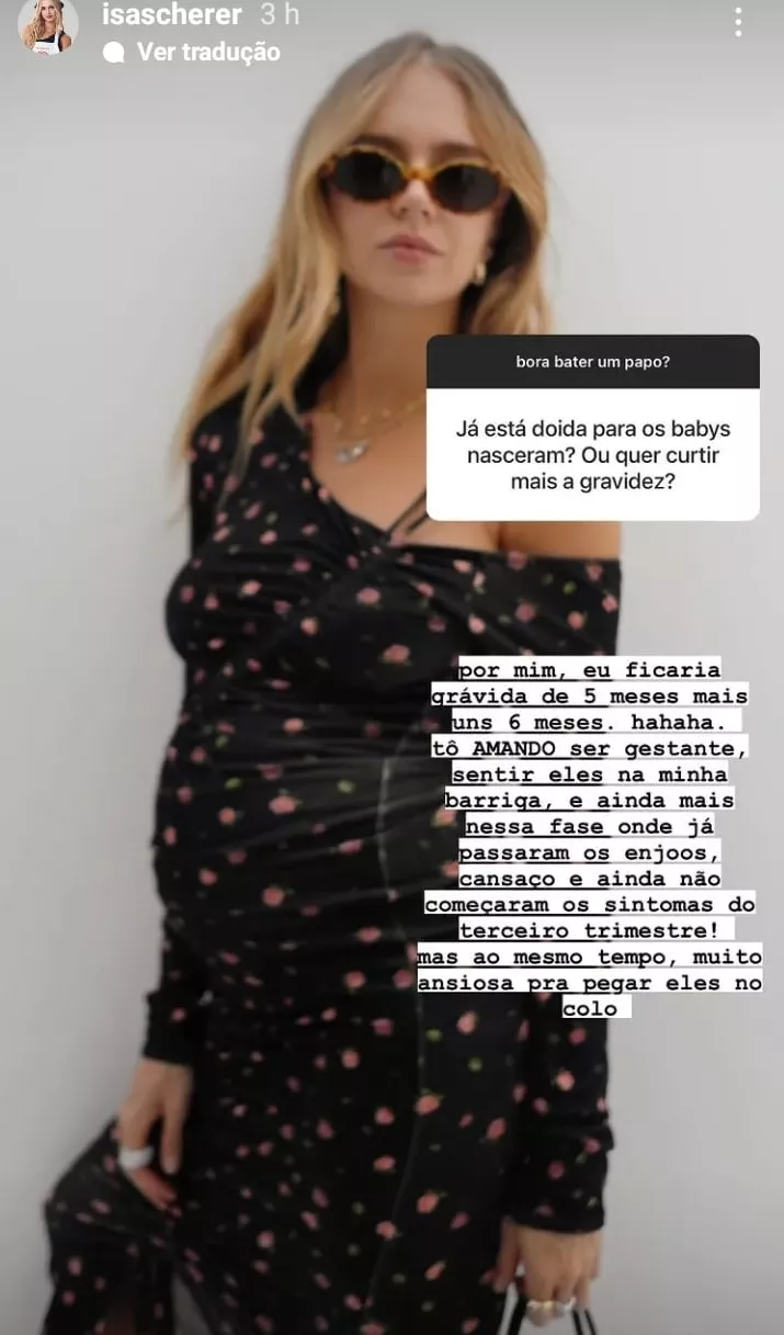 Isabella Scherer mostra barrigão de gêmeos e avalia: "Amando ser gestante"