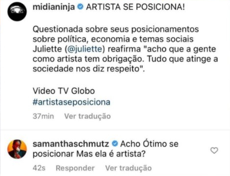 Samantha Schmutz comentário sobre Juliette Freire