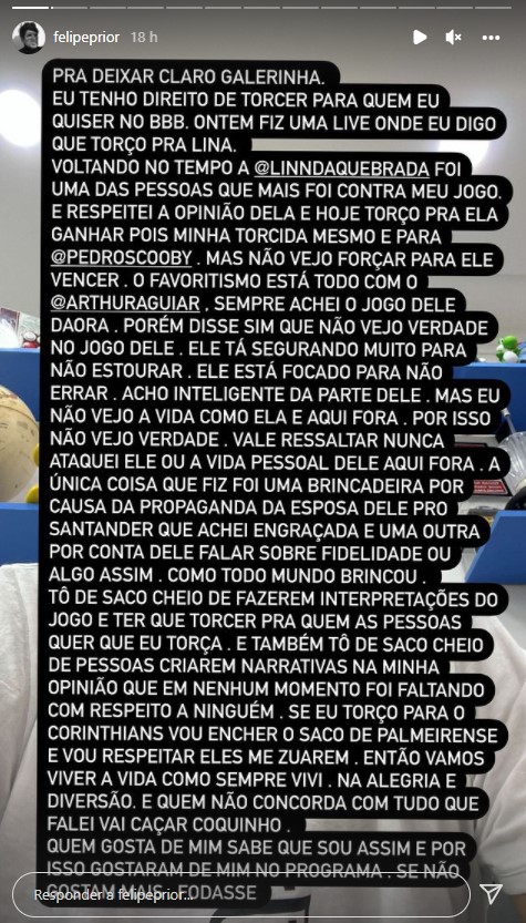 Felipe Prior pede fim dos ataques após revelar torcida BBB22