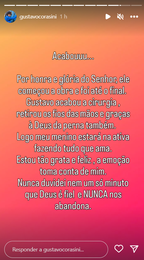 Mãe de Gustavo Corasini atualiza estado de saúde do filho após cirurgia: "Emoção"