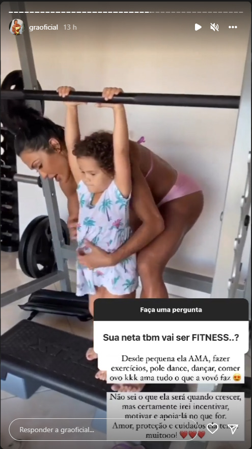 Foto retirada dos Stories de Gracyanne Barbosa com a neta, Alice