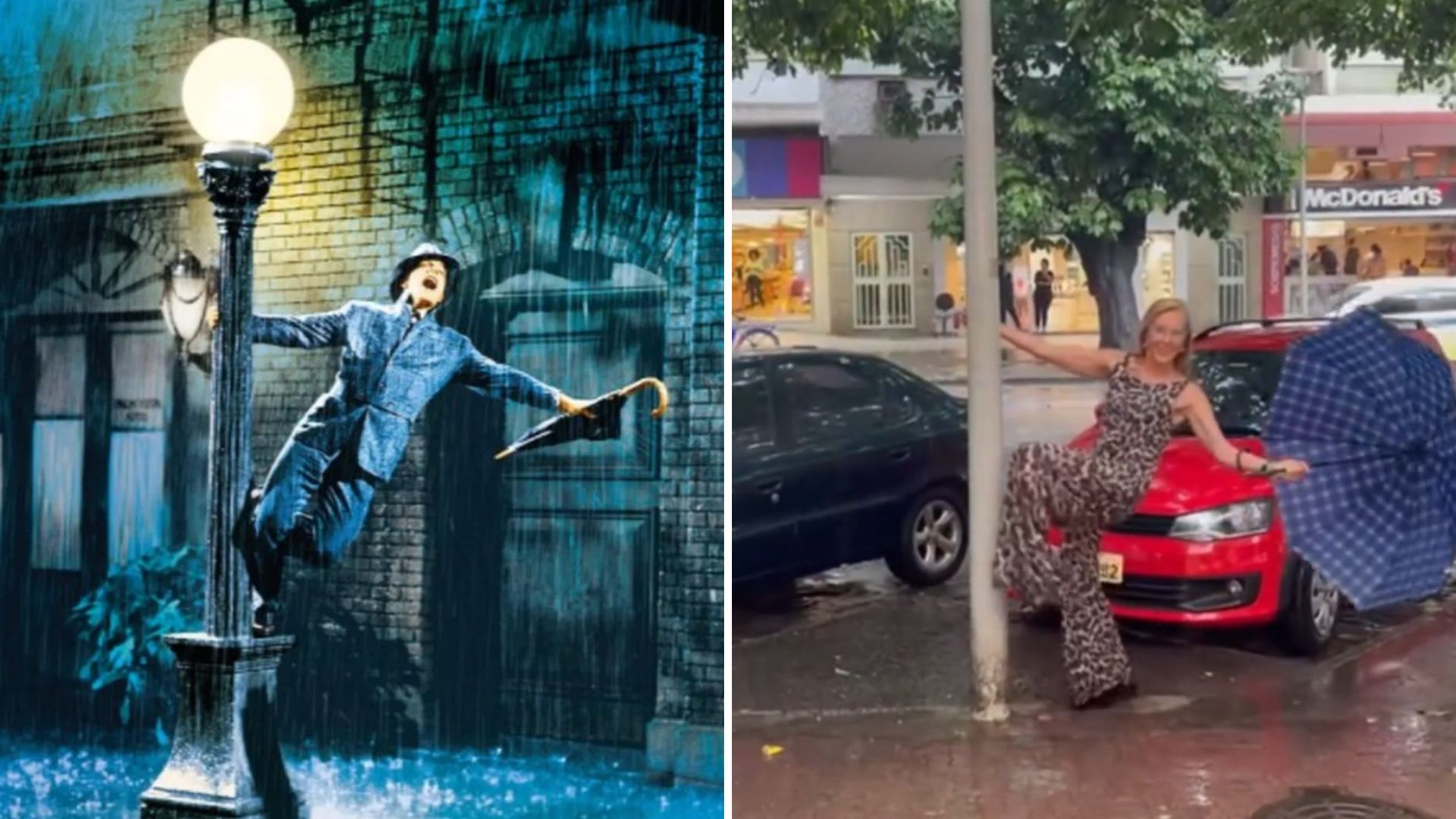 Aos 77 anos, Helô Pinheiro recria cena de ‘Cantando na Chuva’ e web brinca: “Sai da chuva”