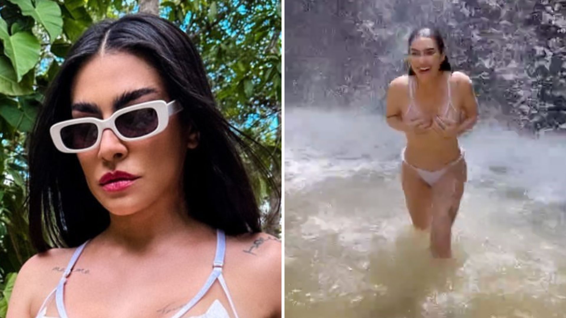 Mostrou tudo! Cleo Pires toma banho de cachoeira com biquíni de tule transparente