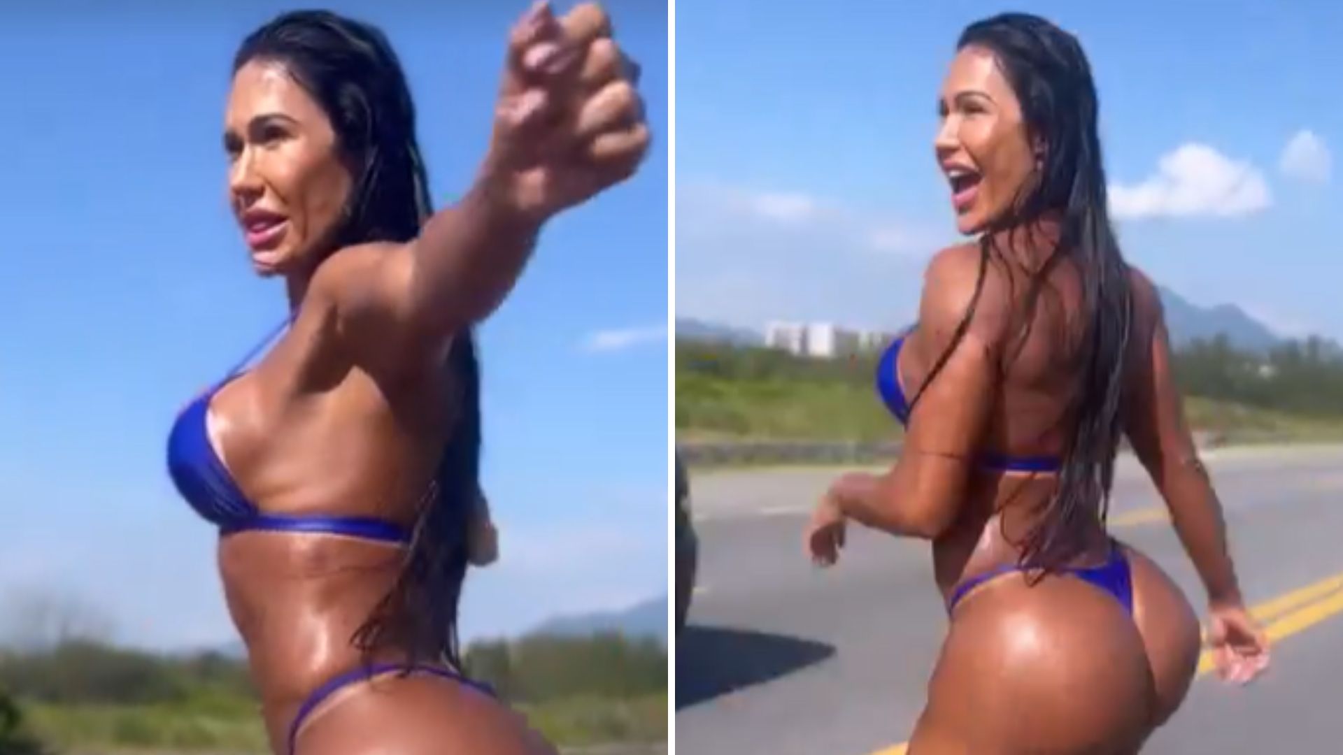Gente? De biquíni, Gracyanne Barbosa entra no meio da estrada e bagunça o trânsito: “Parou”