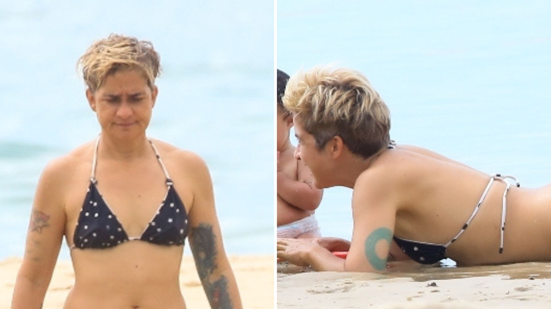 Que enormes! Esposa de Nanda Costa é flagrada com as filhas gêmeas em praia no Rio