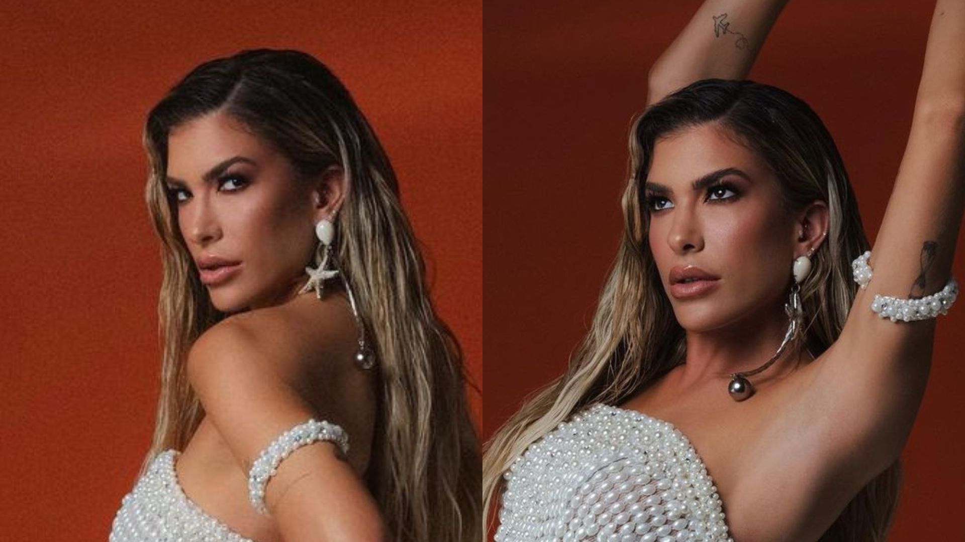 Lore Improta desenha silhueta com look cheio de pérolas e arrasa: “Sereia”