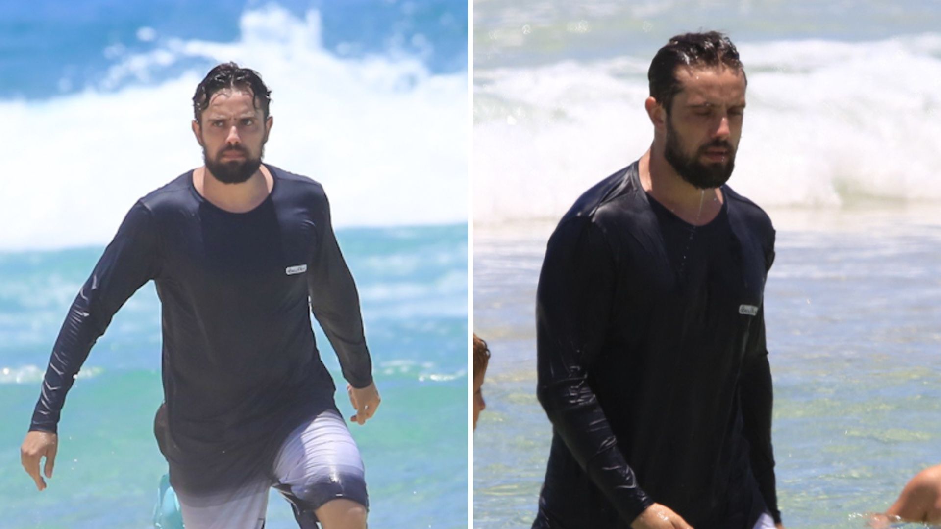 Recém-separado, Rafael Cardoso surge com os filhos e de cara fechada em praia no Rio