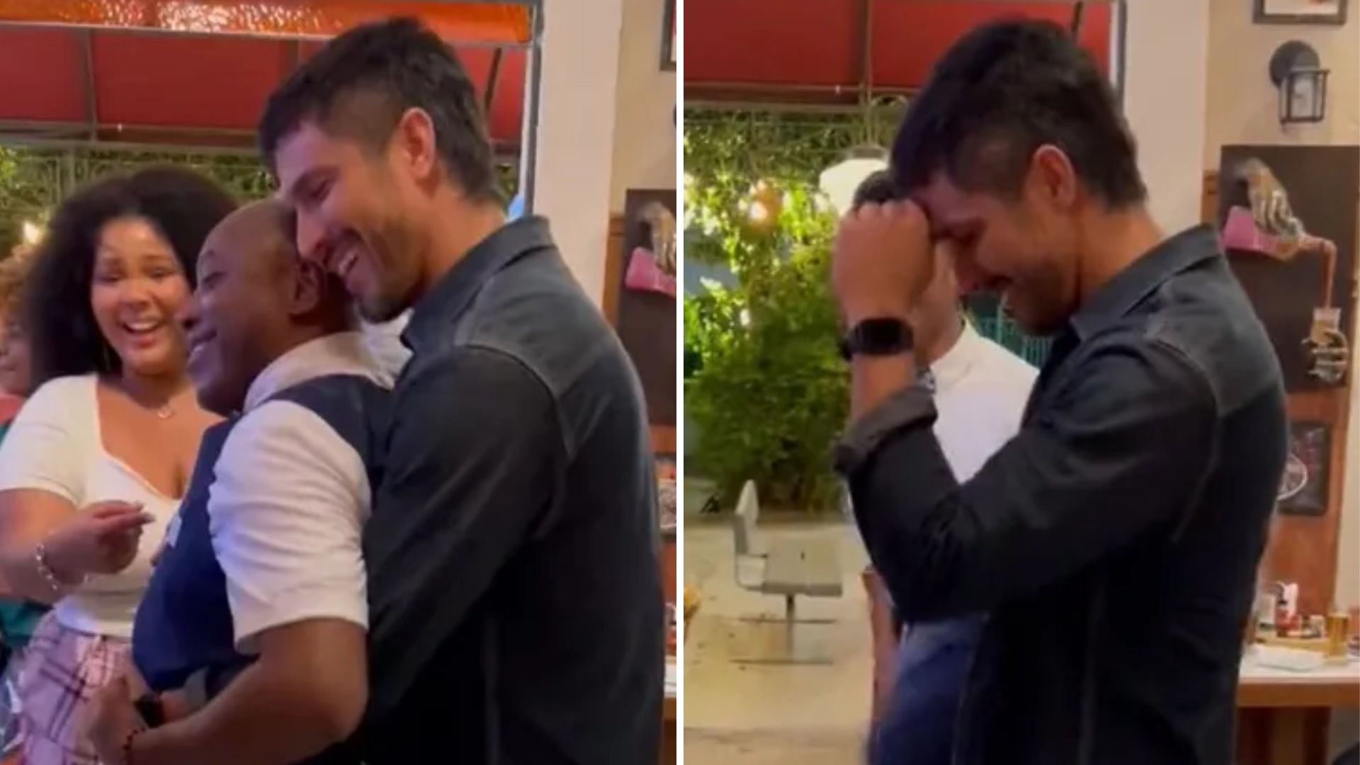 Romulo Estrela dança agarradinho com Nando Cunha nos bastidores de ‘Travessia’