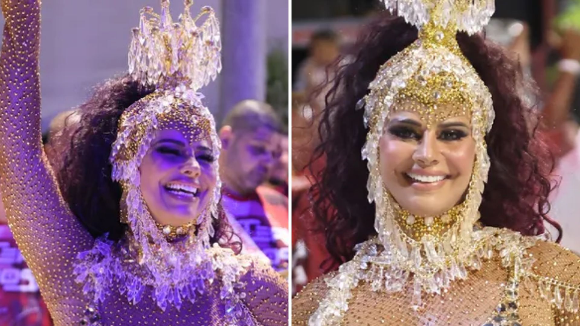 Viviane Araújo se joga no samba com look transparente cheio de brilho em desfile no Rio