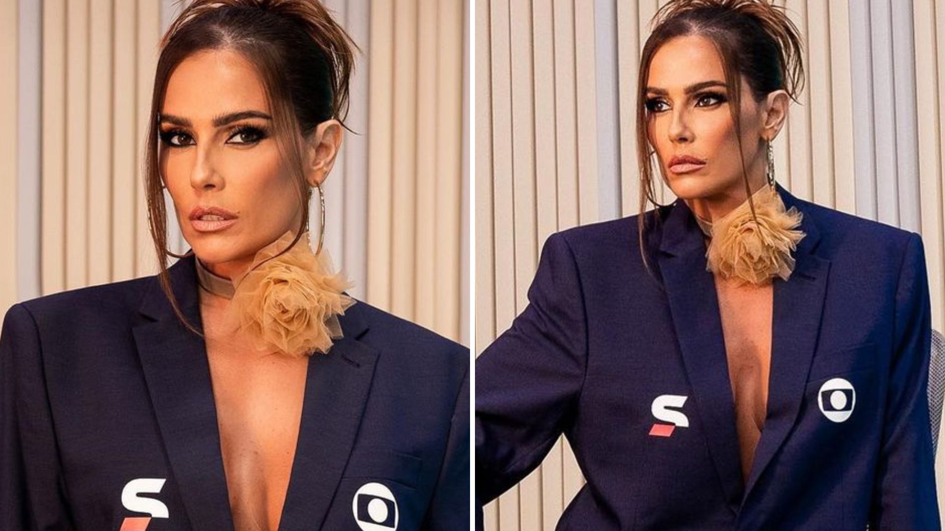 Sem sutiã, Deborah Secco aparece no estúdio do SporTV apenas de blazer: “Ousada”