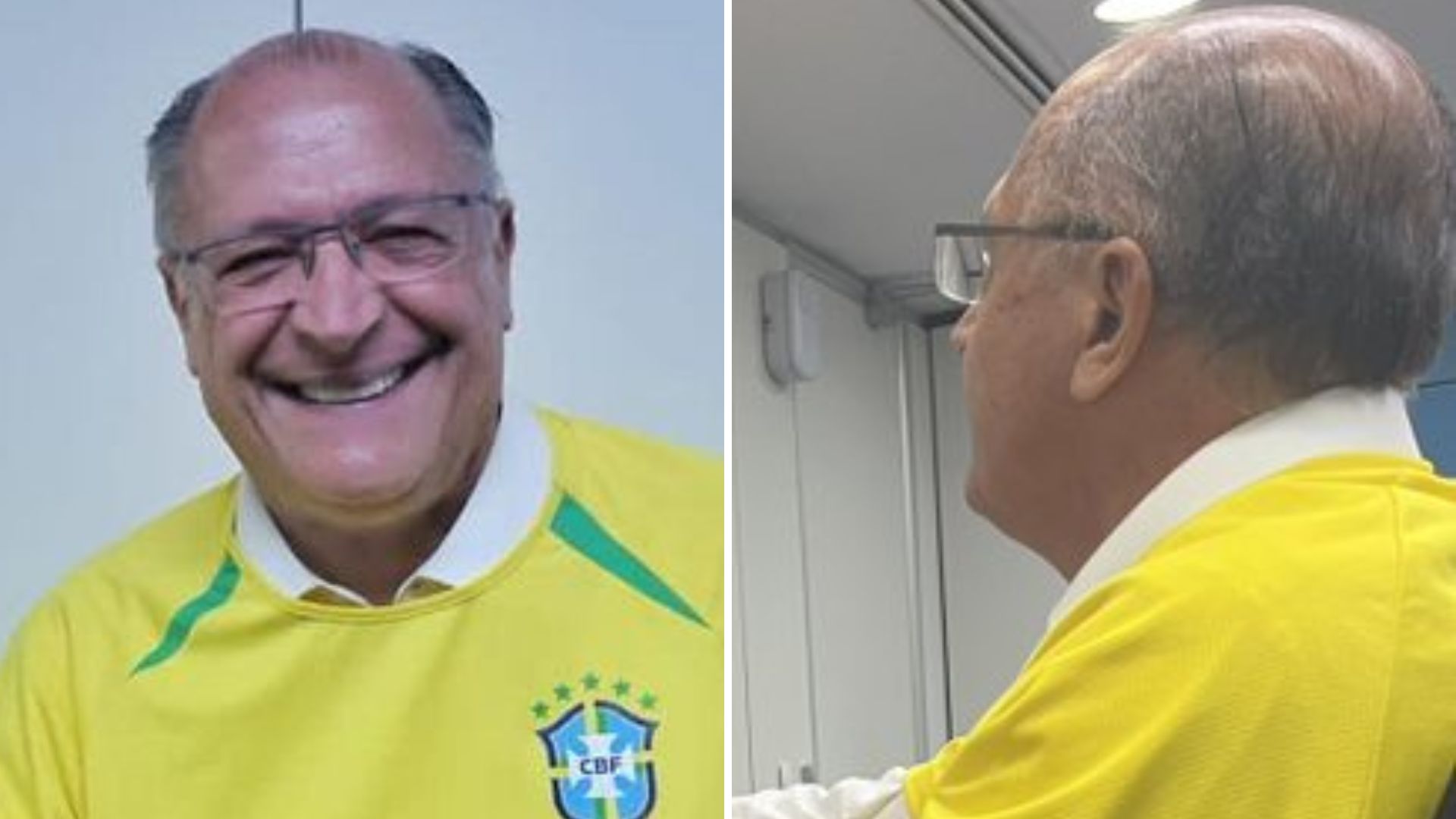 Alckmin veste a camisa do Brasil de forma inusitada e web se diverte: “Pra dar sorte”