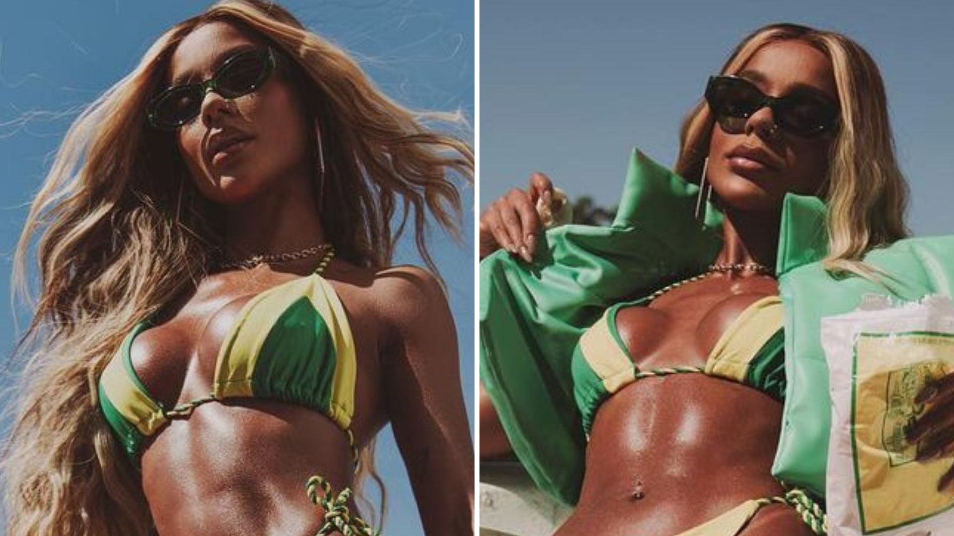 No terraço, Brunna Gonçalves toma sol com biquíni ‘da copa’: “Poderosa”