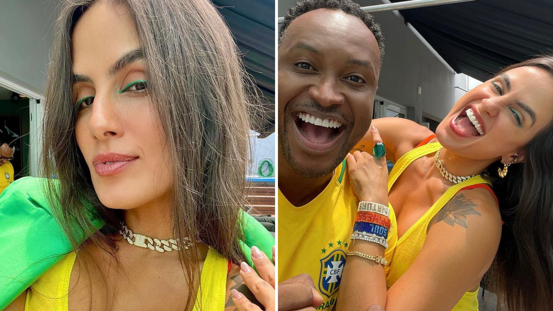 Comemorando a Copa, Carol Peixinho ostenta decotão ao lado de Thiaguinho e fãs babam: “Gata”