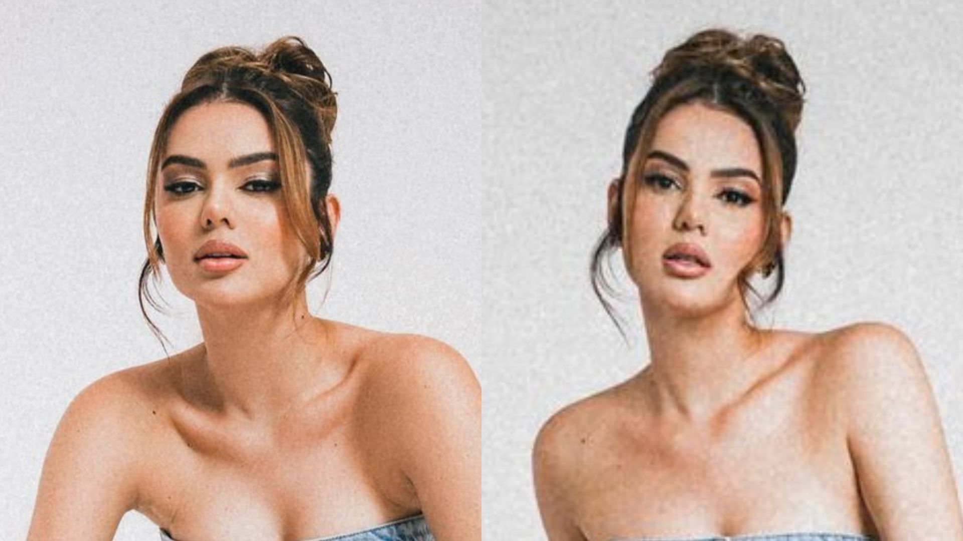 Eslovênia Marques posa de pernas abertas usando shorts e blusa tomara que caia: “Gata”