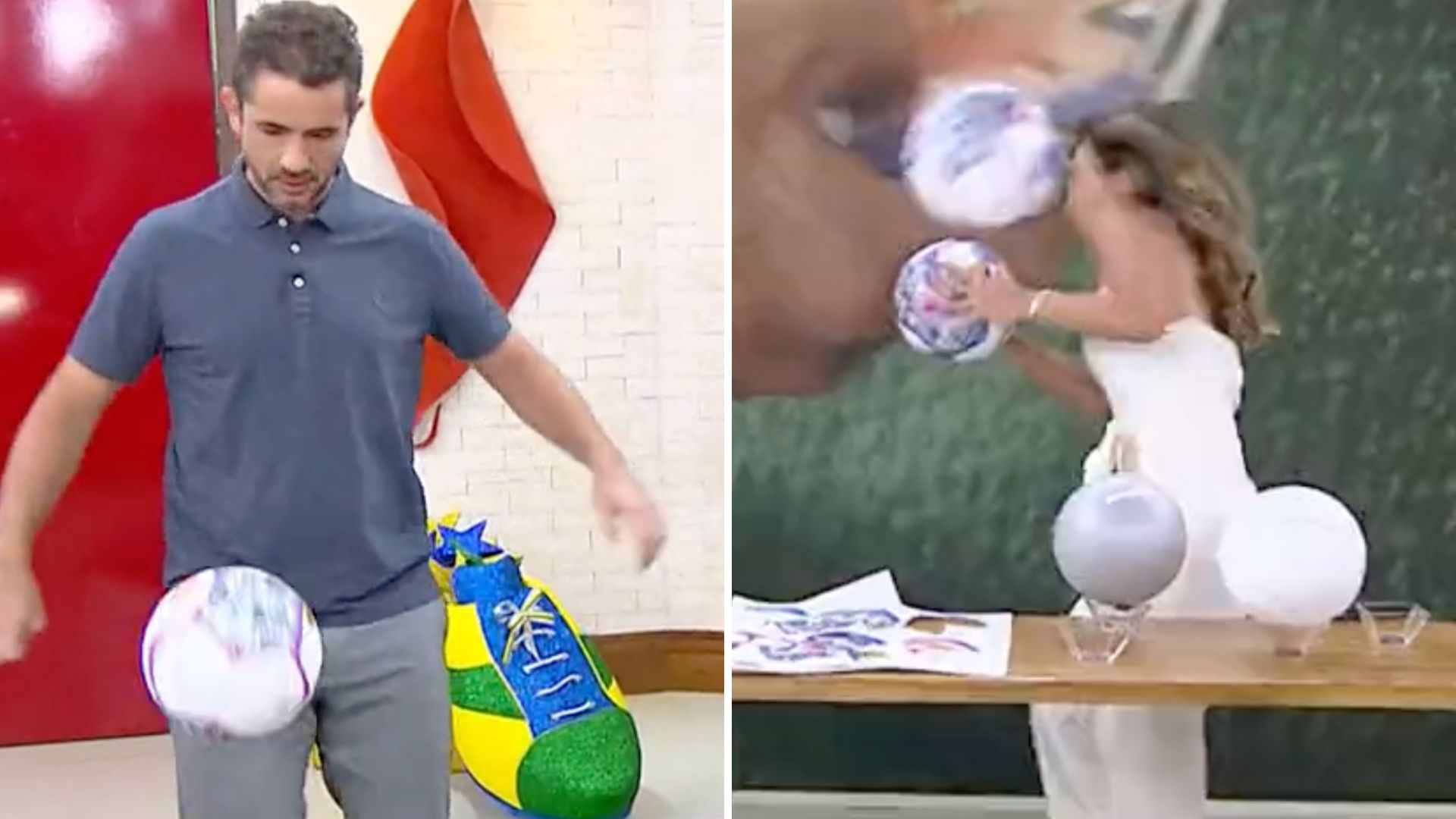 Foi de propósito? Felipe Andreoli chuta bola no rosto de colega no ‘Mais Você’