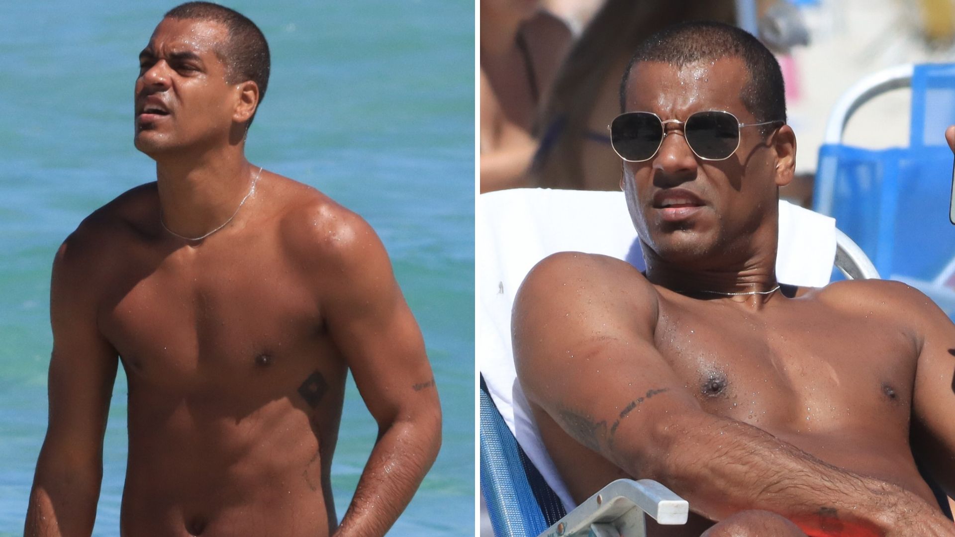 Marcello Melo Jr vai à praia com bermudinha mínima e dá ‘patolada’ nas partes íntimas