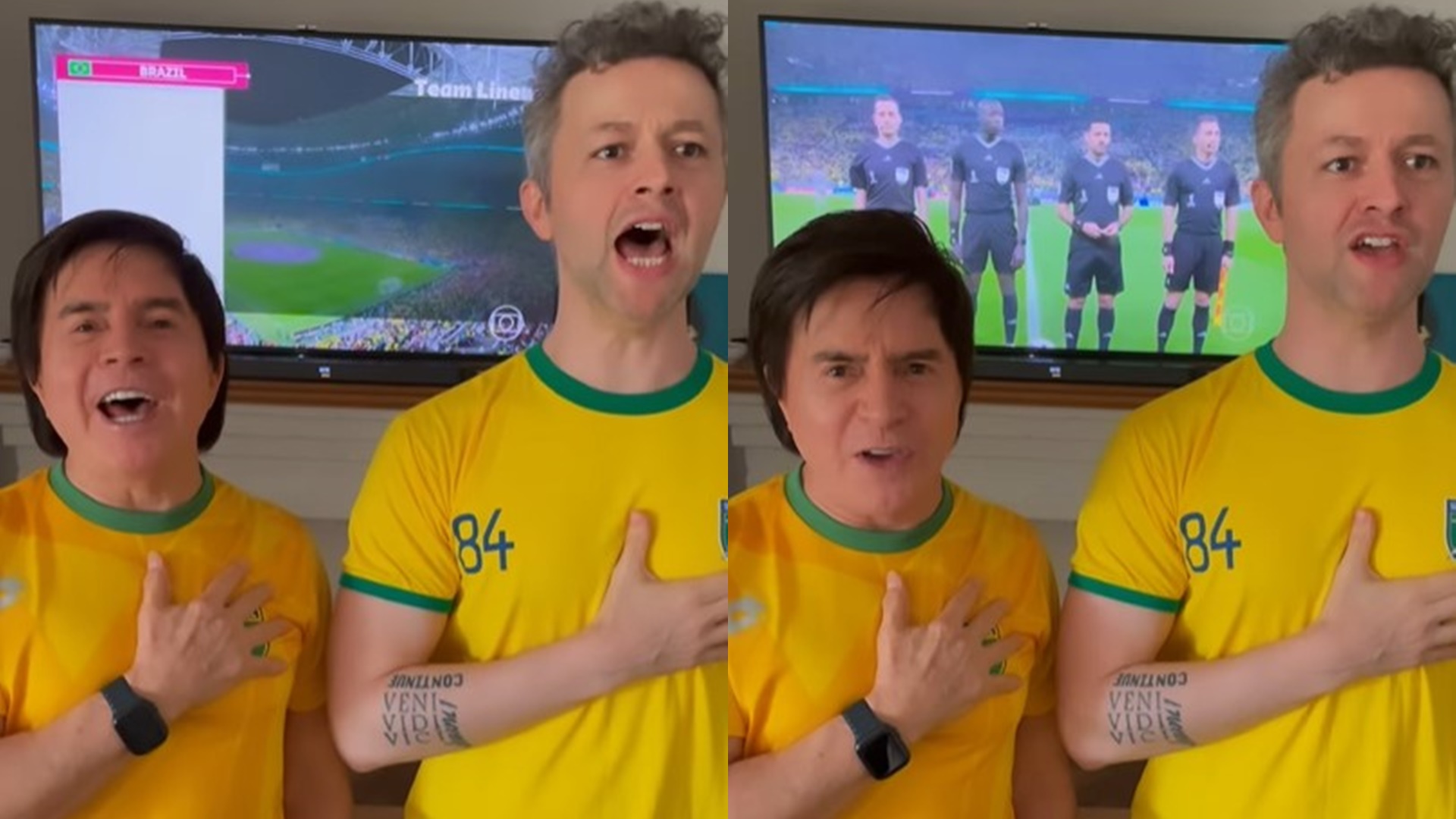 Marido de Sandy se une com o sogro, Xororó, e muda hino do Brasil na estreia da Copa