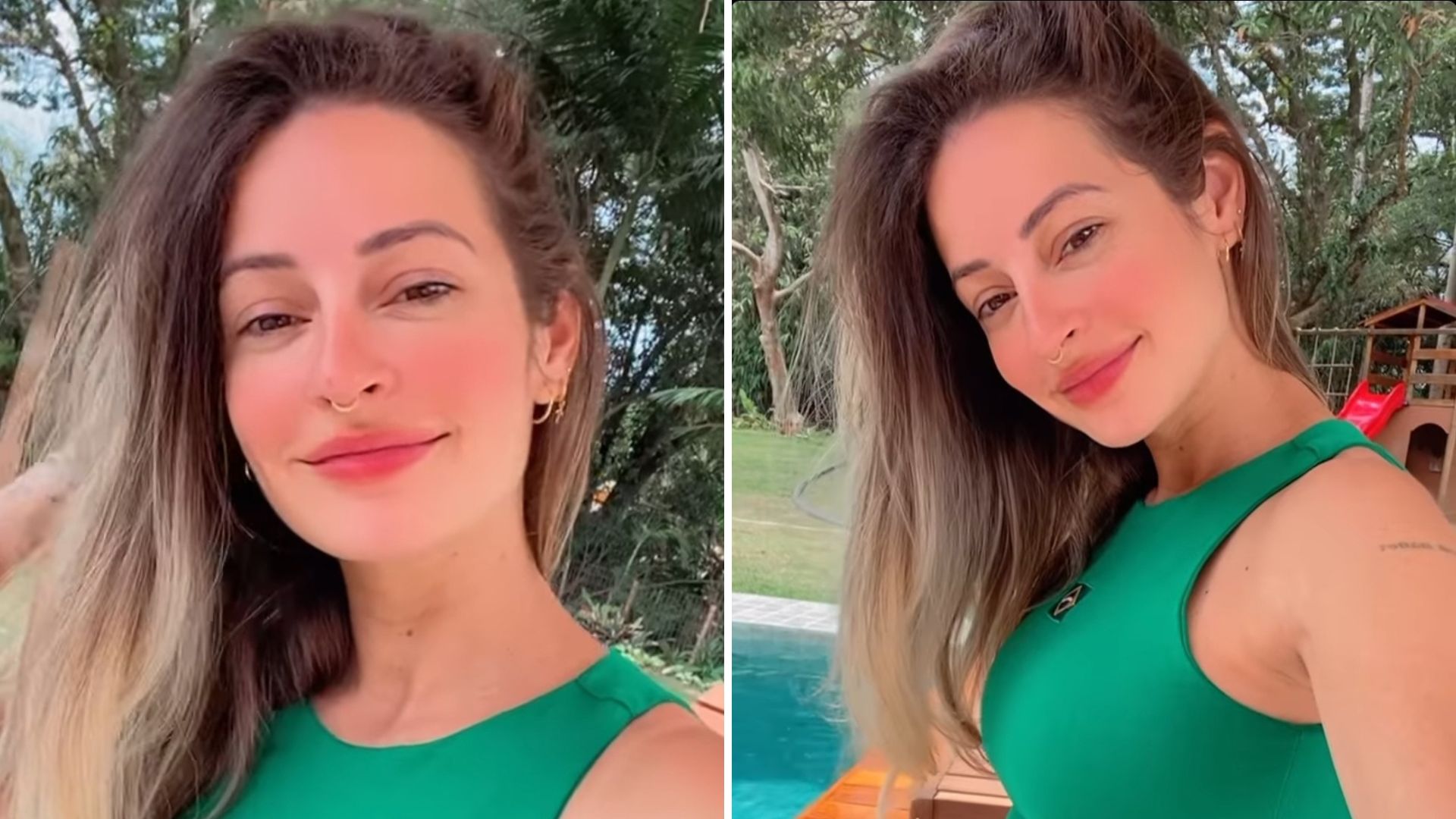 Mulher de Projota acaricia barriga de grávida de biquíni verde amarelo