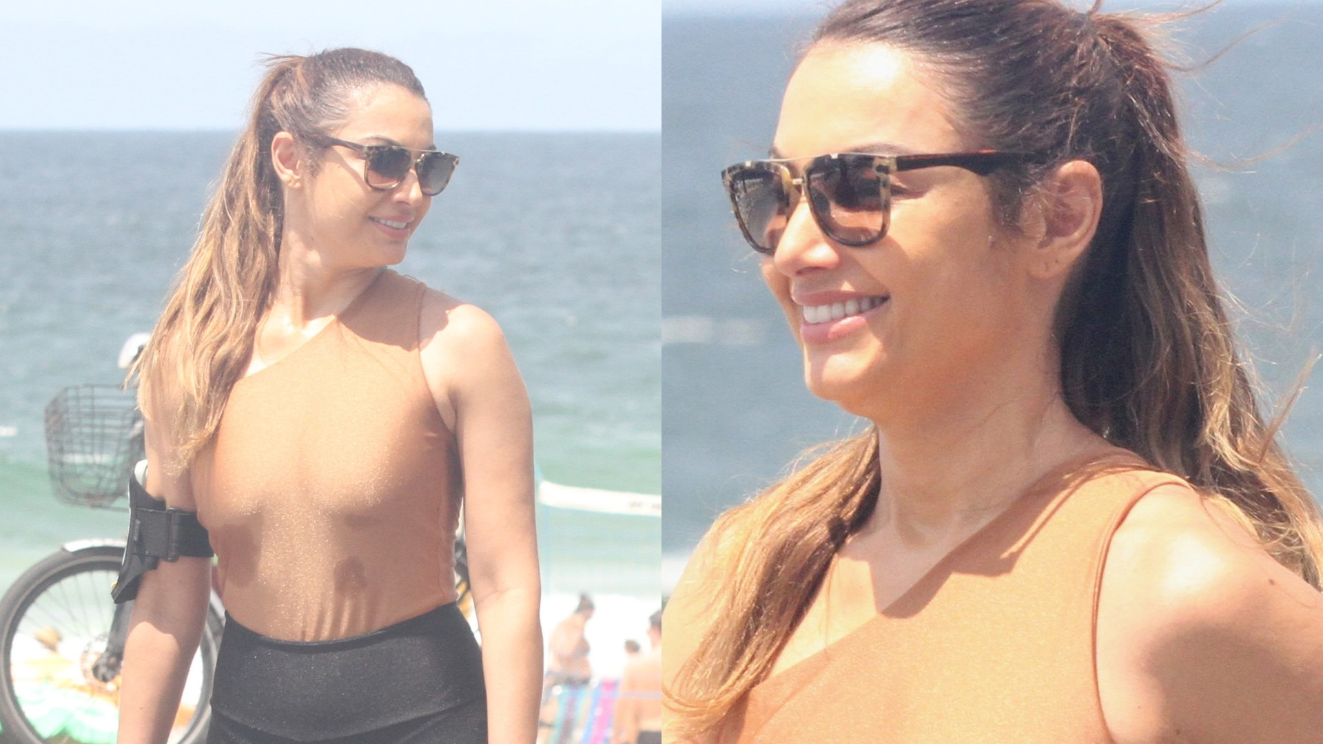 As 46 anos, Patrícia Poeta atrai olhares ao se exercitar à beira da praia