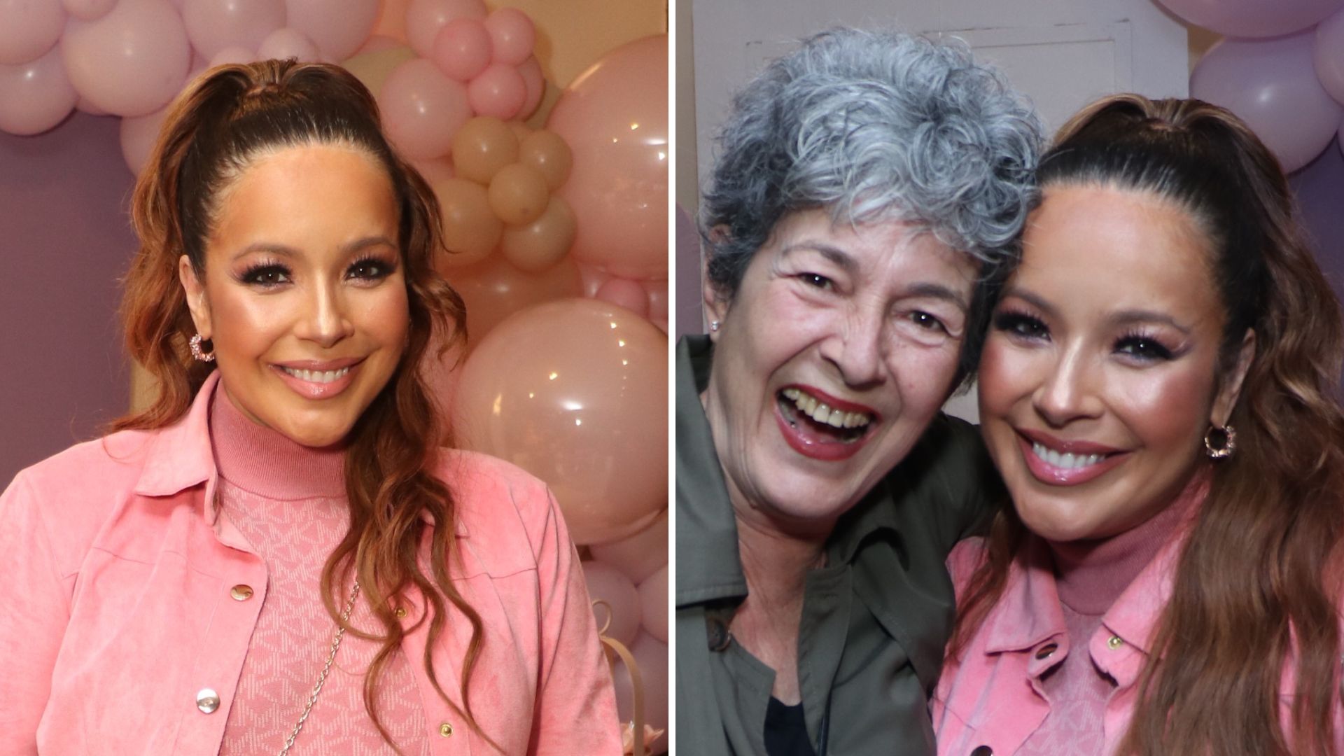 Gravidíssima e radiante, Renata Dominguez reencontra ‘dona Vilma’ em seu chá de bebê