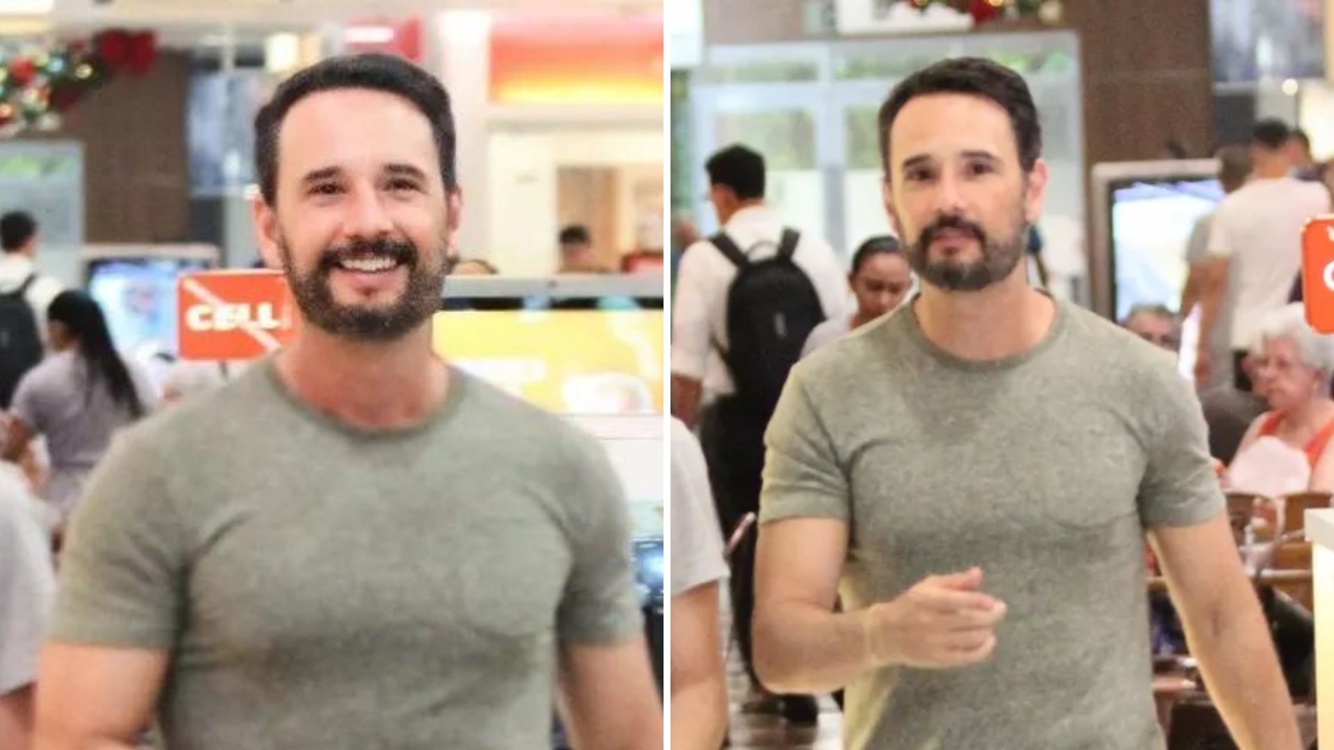 Rodrigo Santoro esbanja simpatia ao lado do sobrinho em shopping no Rio