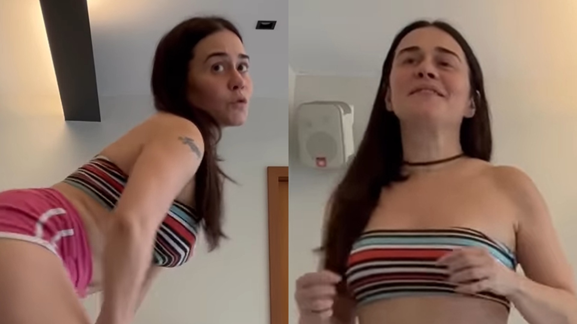 Alessandra Negrini empina o bumbum e exibe rebolado só de top e shortinho micro