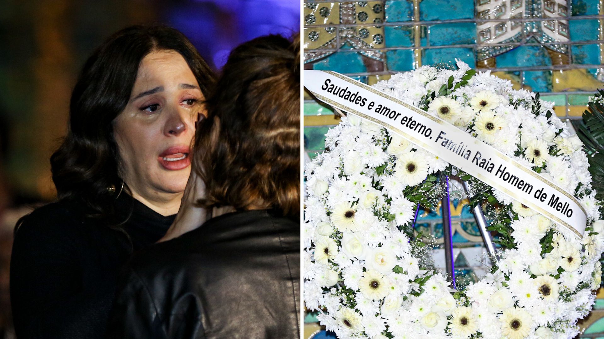 Aos prantos, Claudia Raia é consolada pelo filho no velório de Aracy Balabanian