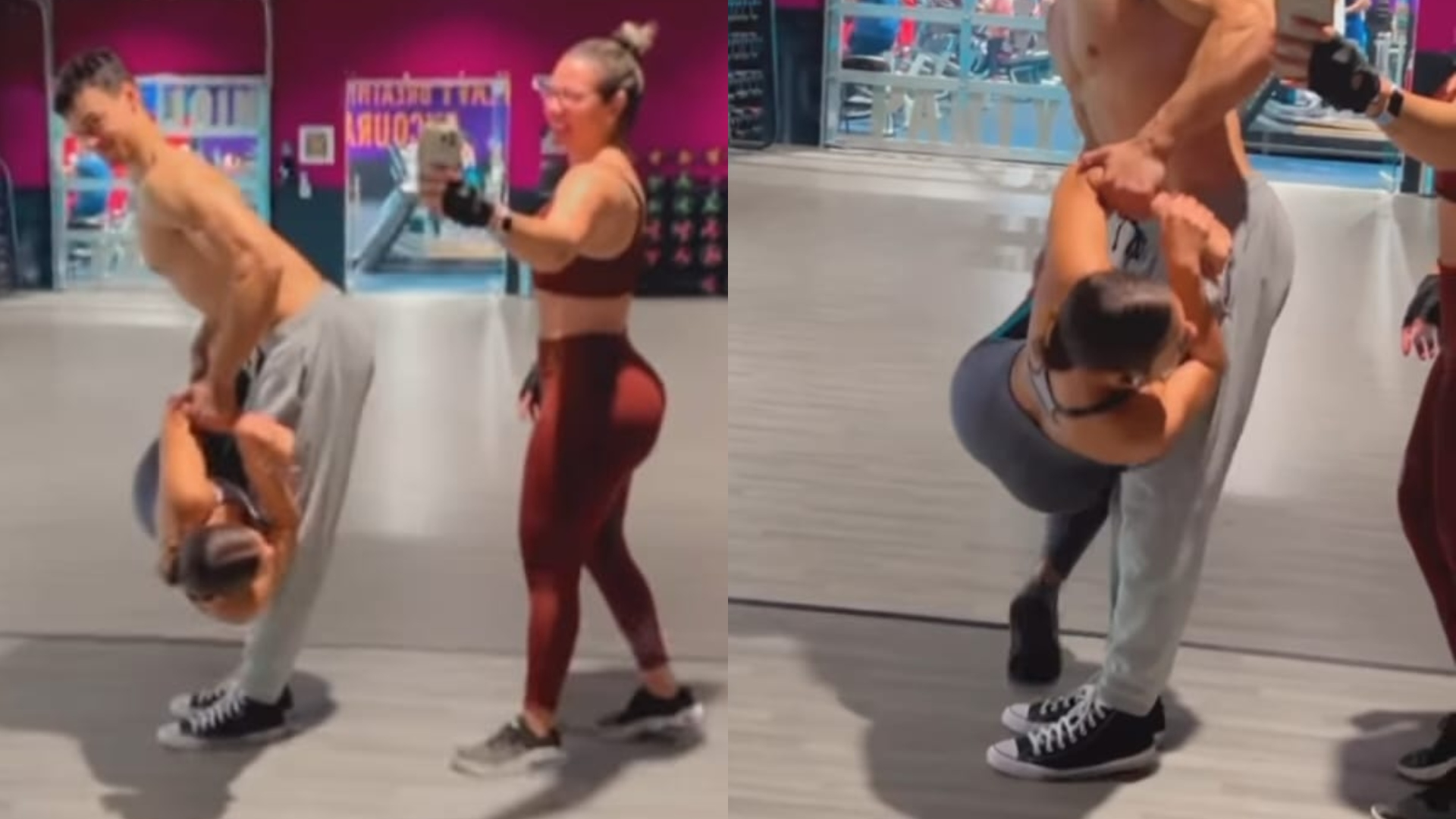 Filho de Carla Perez faz exercício com namorada no colo e exibe corpão musculoso