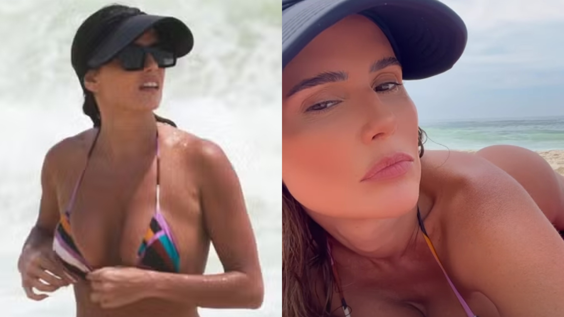 Deborah Secco dá ajeitadinha em biquíni mini e quase mostra demais na praia
