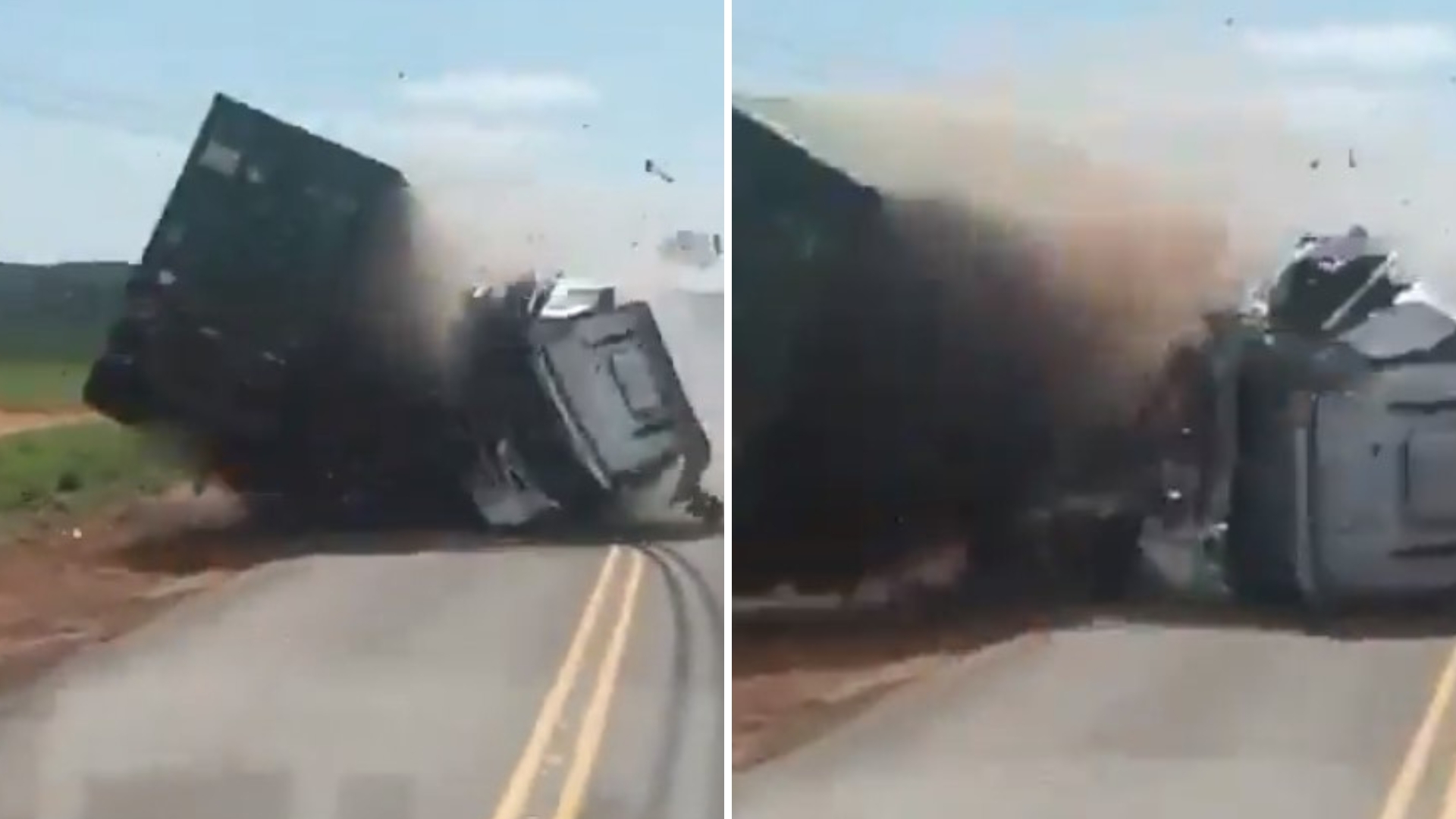 Motorista filma momento exato de colisão violenta entre dois caminhões: “Na direção dele”