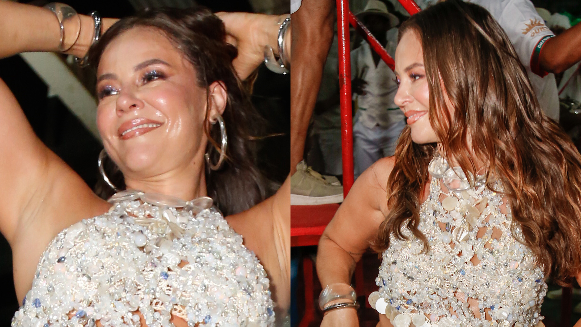 Paolla Oliveira samba com saia aberta e deixa lateral do bumbum à mostra