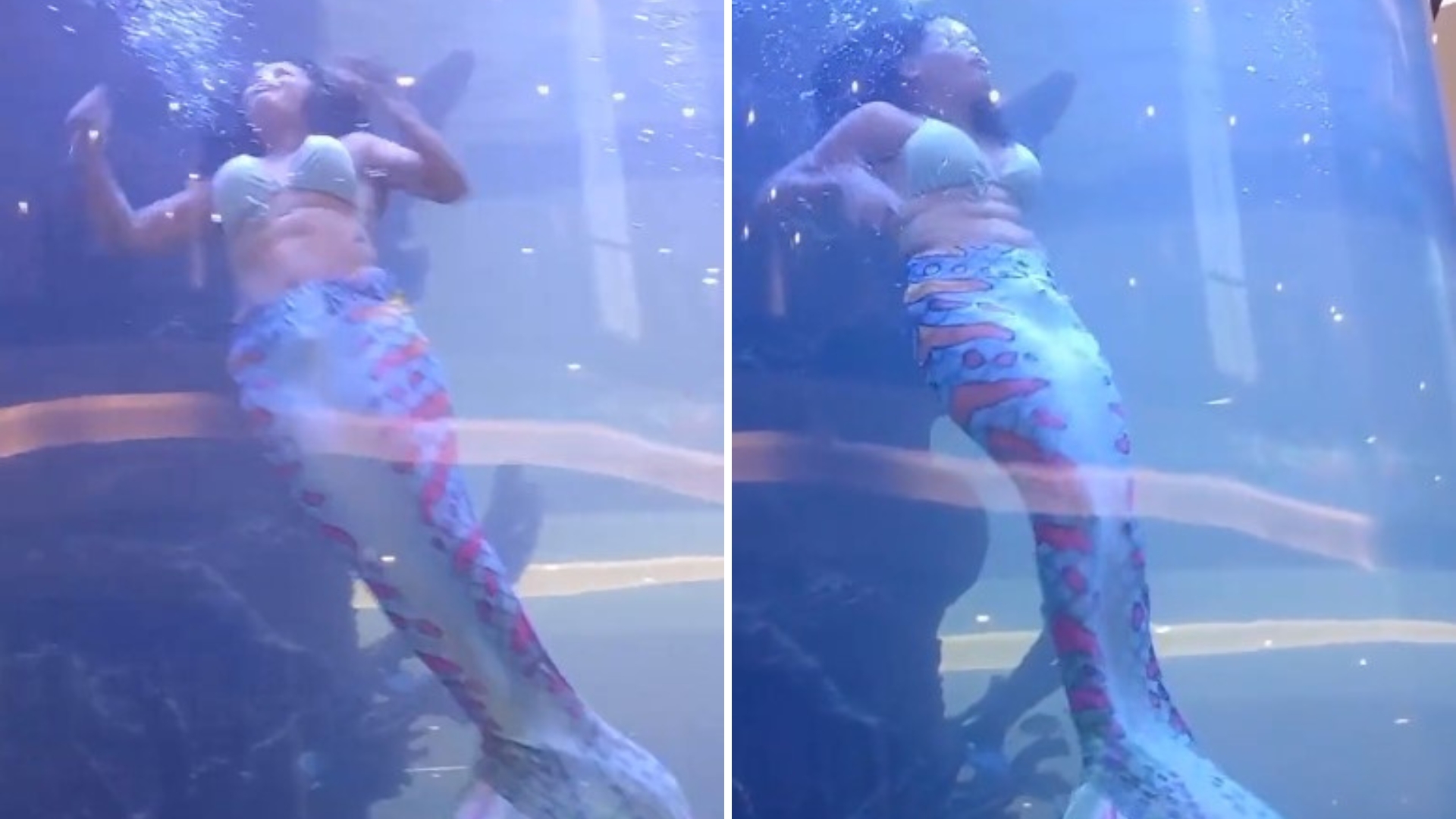 Sereia profissional fica com a cauda presa e luta para voltar à superfície